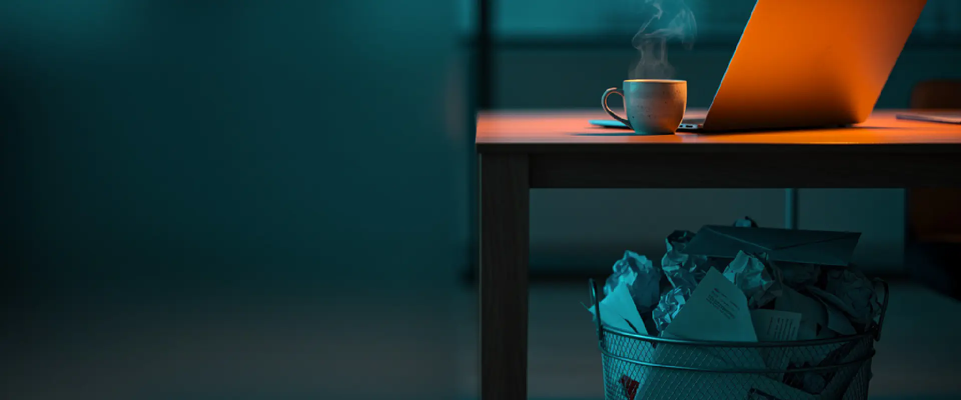 Een bureau met laptop en koffie; eronder een overvolle prullenbak met post